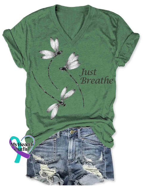 Women’s Dragonfly Art Just Breathe V neck Casual T Shirt Green / S