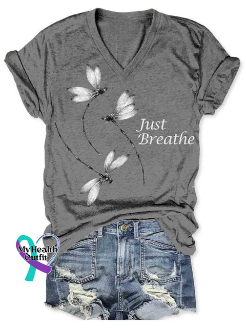 Women’s Dragonfly Art Just Breathe V neck Casual T Shirt Grey / S