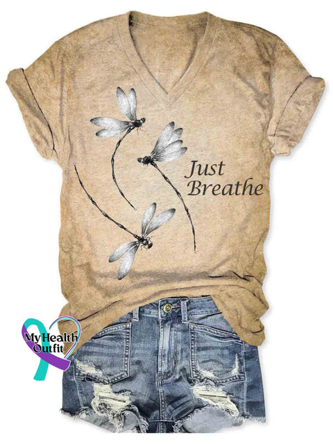 Women’s Dragonfly Art Just Breathe V neck Casual T Shirt Khaki / S