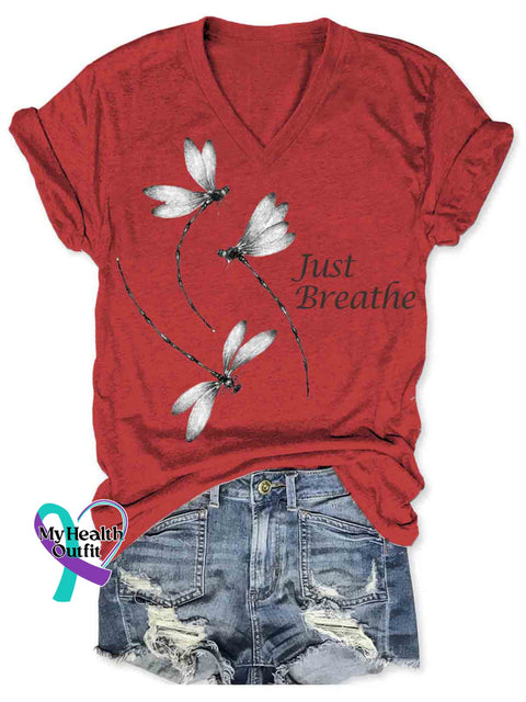 Women’s Dragonfly Art Just Breathe V neck Casual T Shirt Red / S