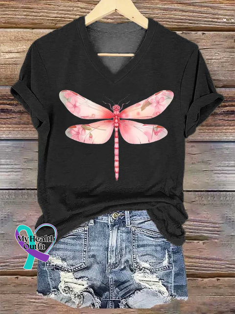 Women’s Dragonfly Breast Cancer Awareness V-neck Casual T-Shirt Black / S