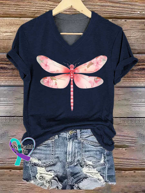 Women’s Dragonfly Breast Cancer Awareness V-neck Casual T-Shirt Blue / S