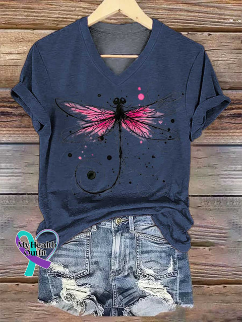 Women’s Dragonfly Breast Cancer Awareness V-neck Casual T-Shirt Blue / S