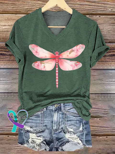 Women’s Dragonfly Breast Cancer Awareness V-neck Casual T-Shirt Green / S