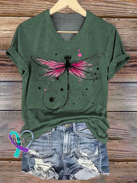 Women’s Dragonfly Breast Cancer Awareness V-neck Casual T-Shirt Green / S