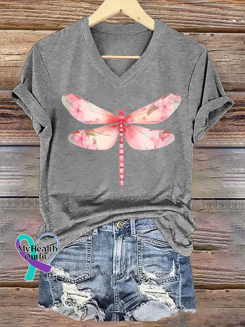 Women’s Dragonfly Breast Cancer Awareness V-neck Casual T-Shirt Grey / S
