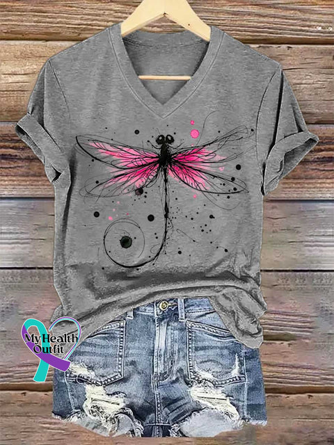 Women’s Dragonfly Breast Cancer Awareness V-neck Casual T-Shirt Grey / S