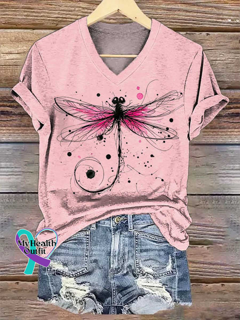 Women’s Dragonfly Breast Cancer Awareness V-neck Casual T-Shirt LightPink / S