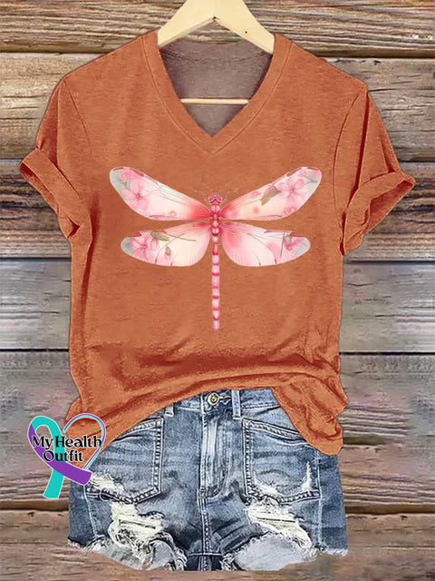 Women’s Dragonfly Breast Cancer Awareness V-neck Casual T-Shirt Orange / S