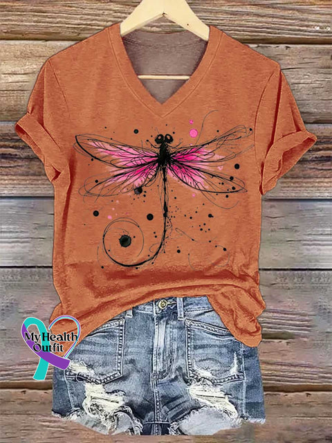 Women’s Dragonfly Breast Cancer Awareness V-neck Casual T-Shirt Orange / S