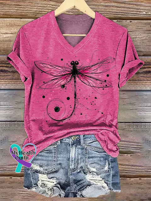 Women’s Dragonfly Breast Cancer Awareness V-neck Casual T-Shirt Pink / S
