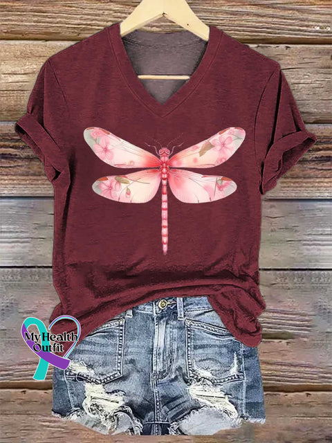 Women’s Dragonfly Breast Cancer Awareness V-neck Casual T-Shirt Red / S