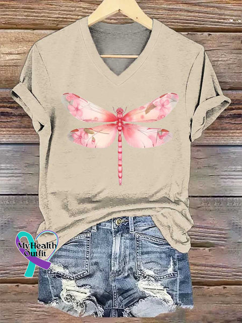 Women’s Dragonfly Breast Cancer Awareness V-neck Casual T-Shirt Sand / S