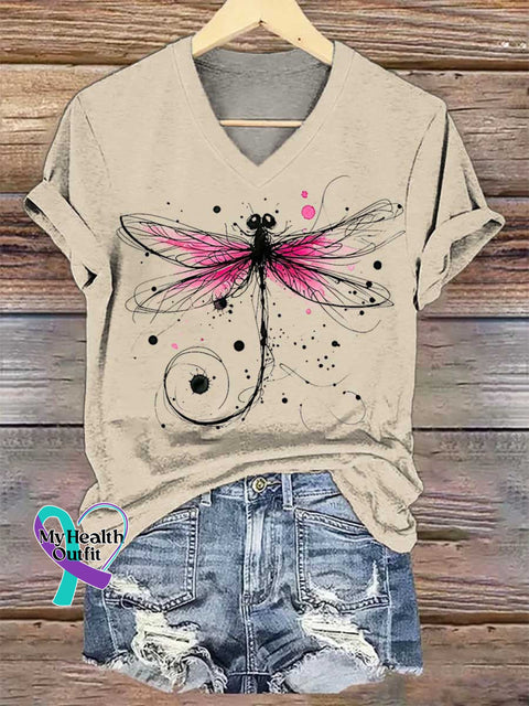 Women’s Dragonfly Breast Cancer Awareness V-neck Casual T-Shirt Sand / S