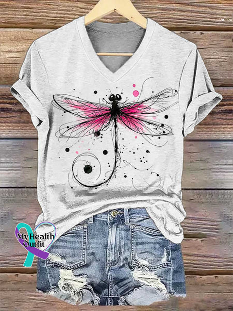 Women’s Dragonfly Breast Cancer Awareness V-neck Casual T-Shirt White / S