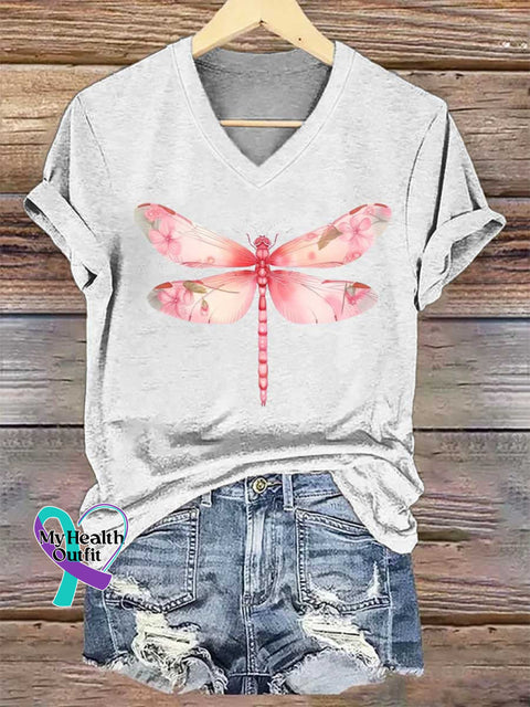 Women’s Dragonfly Breast Cancer Awareness V-neck Casual T-Shirt White / S