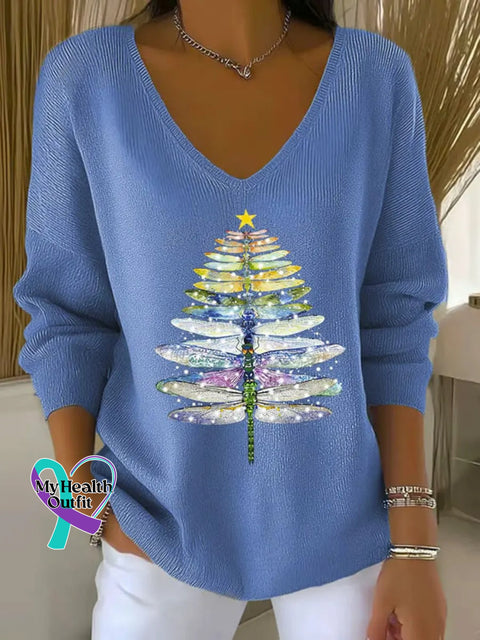 Women’s Dragonfly Christmas Tree Pattern Art Casual Pullover Sweater Blue / S