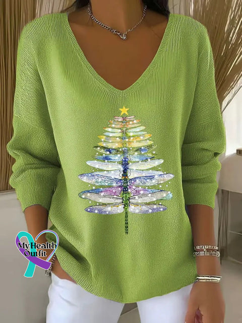Women’s Dragonfly Christmas Tree Pattern Art Casual Pullover Sweater Green / S