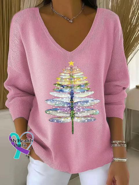 Women’s Dragonfly Christmas Tree Pattern Art Casual Pullover Sweater Pink / S