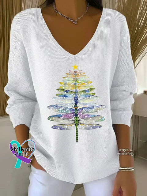 Women’s Dragonfly Christmas Tree Pattern Art Casual Pullover Sweater White / S