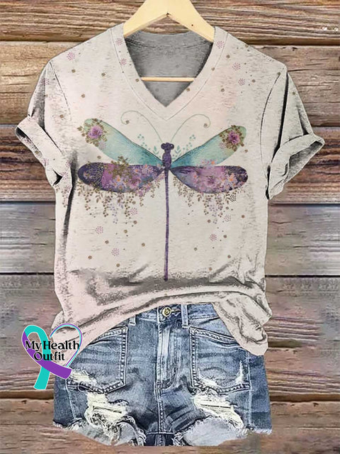 Women’s Dragonfly Floral V-neck Casual T-Shirt Multicolor / S