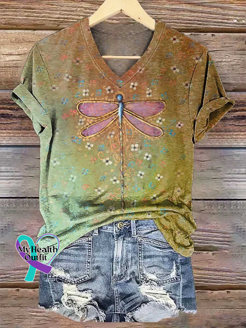 Women’s Dragonfly Floral V-neck Casual T-Shirt Multicolor / S