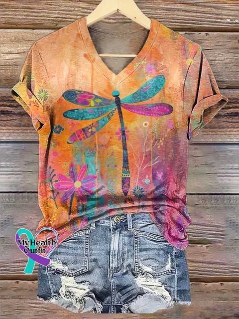 Women’s Dragonfly Floral V-neck Casual T-Shirt Multicolor / S