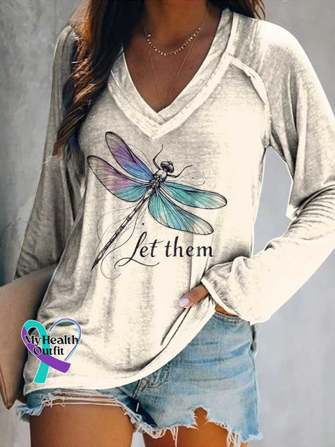 Women’s Dragonfly Let Them Print V Neck Long Sleeve Tops Color / S