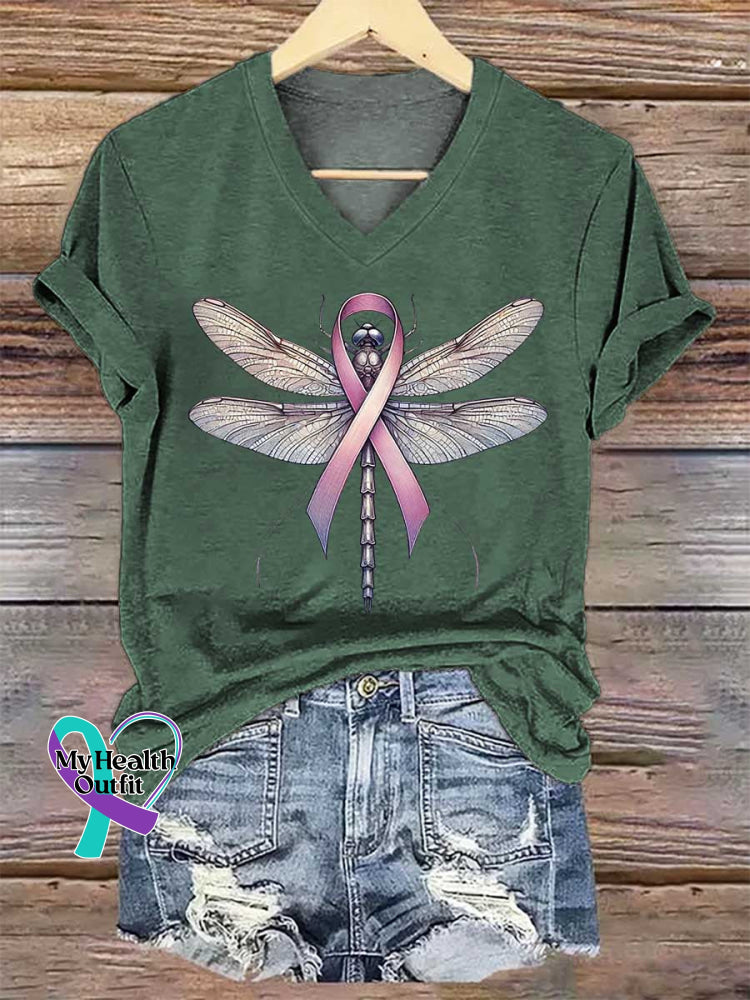 Women’s Dragonfly Pink Ribbon Breast Cancer Awareness Art V-neck Casual T-Shirt Green / S