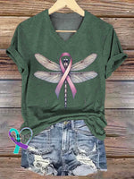 Women’s Dragonfly Pink Ribbon Breast Cancer Awareness Art V-neck Casual T-Shirt Green / S