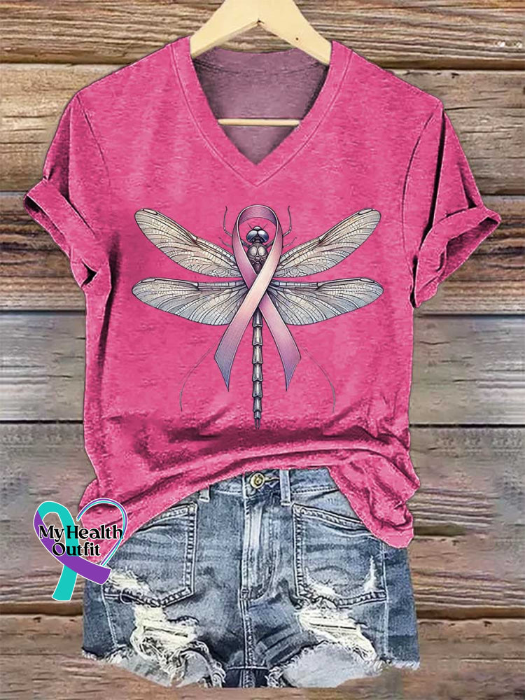 Women’s Dragonfly Pink Ribbon Breast Cancer Awareness Art V-neck Casual T-Shirt Pink / S