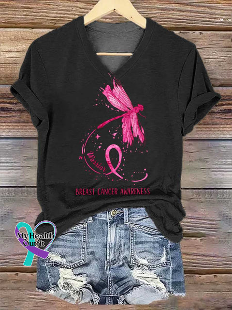 Women’s Dragonfly Pink Ribbon Breast Cancer Awareness V-neck Casual T-Shirt Black / S