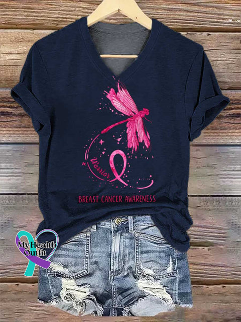 Women’s Dragonfly Pink Ribbon Breast Cancer Awareness V-neck Casual T-Shirt Blue / S