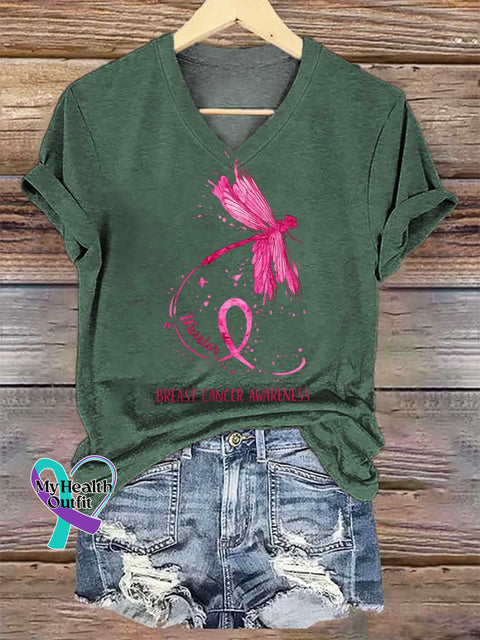 Women’s Dragonfly Pink Ribbon Breast Cancer Awareness V-neck Casual T-Shirt Green / S