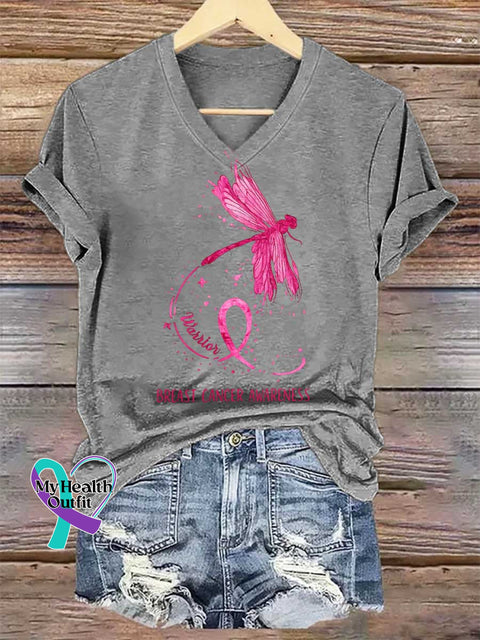 Women’s Dragonfly Pink Ribbon Breast Cancer Awareness V-neck Casual T-Shirt Grey / S