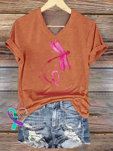 Women’s Dragonfly Pink Ribbon Breast Cancer Awareness V-neck Casual T-Shirt Orange / S