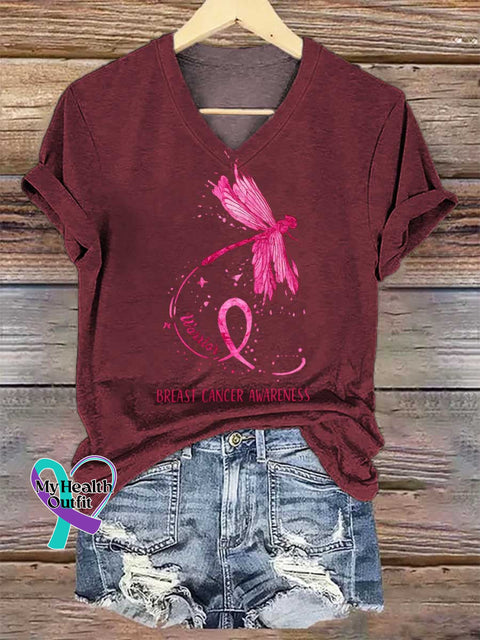 Women’s Dragonfly Pink Ribbon Breast Cancer Awareness V-neck Casual T-Shirt Red / S