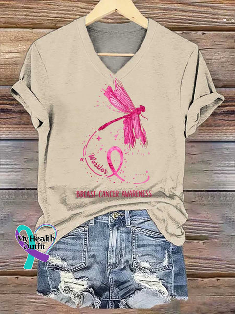 Women’s Dragonfly Pink Ribbon Breast Cancer Awareness V-neck Casual T-Shirt Sand / S