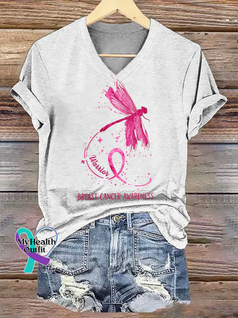 Women’s Dragonfly Pink Ribbon Breast Cancer Awareness V-neck Casual T-Shirt White / S