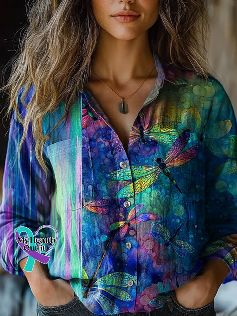 Women’s Dragonfly Print Casual Long Sleeve Comfortable Cotton Shirt Multicolor / S