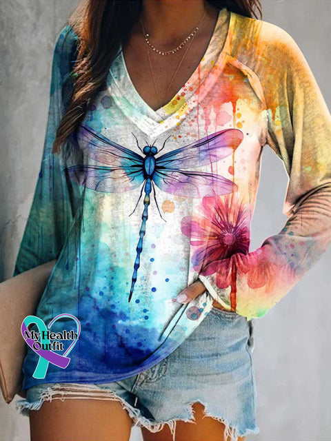 Women’s Dragonfly Print Casual V Neck Long Sleeve Tops Multicolor / S