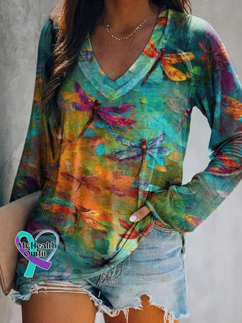 Women’s Dragonfly Print Casual V Neck Long Sleeve Tops Multicolor / S