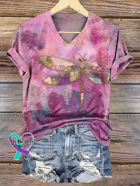 Women’s Dragonfly V-neck Casual T-Shirt Multicolor / S