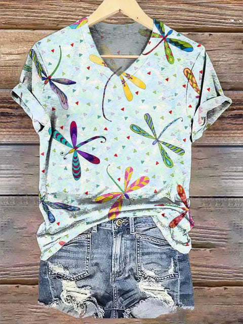 Women’s Dragonfly V-neck Casual T-Shirt Multicolor / S