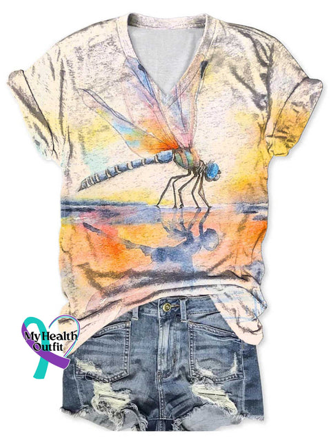 Women’s Dragonfly V-neck Casual T-Shirt Multicolor / S