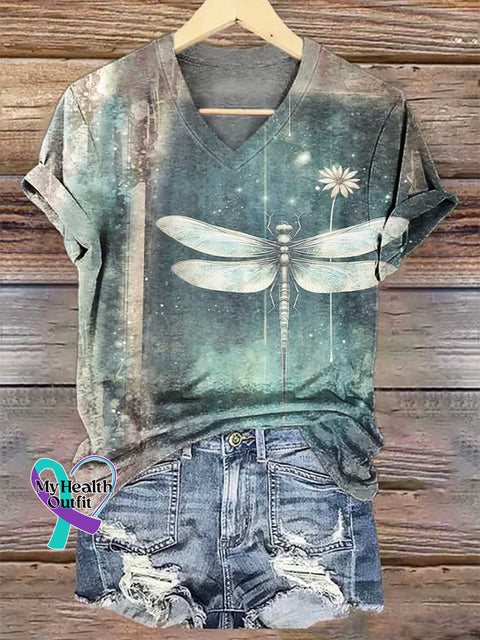 Women’s Dragonfly V-neck Casual T-Shirt Multicolor / S