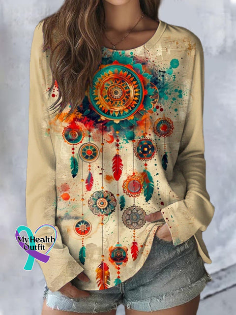 Women’s Dream Catcher Pattern Art Print Casual Long Sleeve Top Multicolor / S