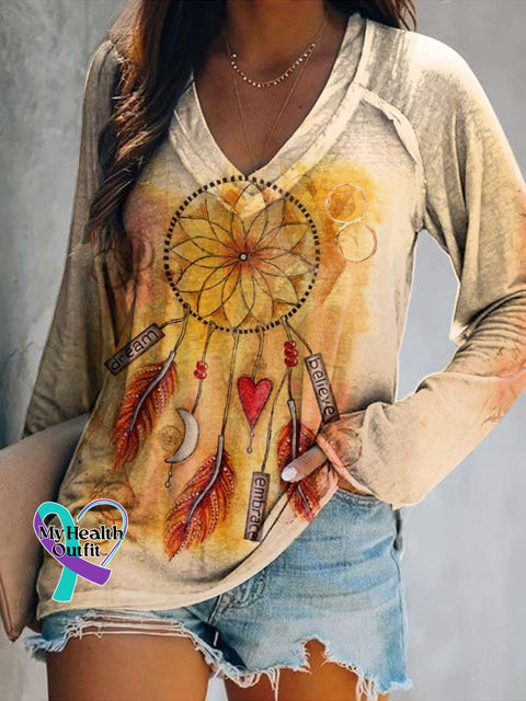Women’s Dreamcatcher Dream Believe Embrace Print Casual V Neck Long Sleeve Tops Multicolor / S