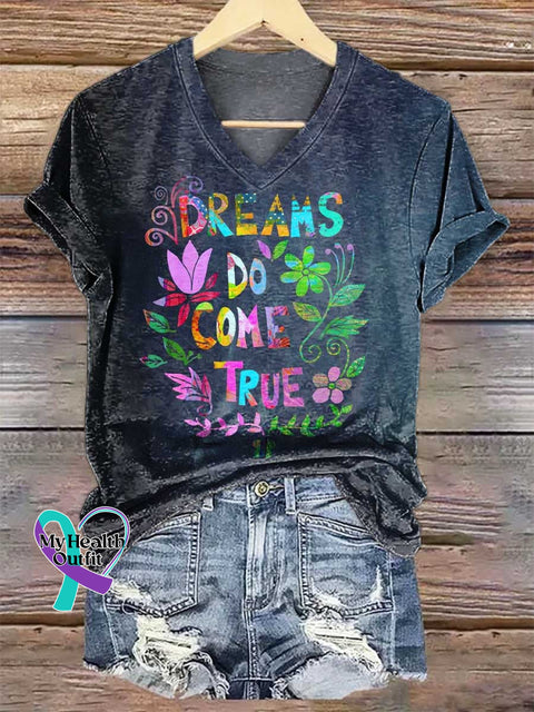 Women’s DREAMS DO COME TRUE V-neck Casual T-Shirt Multicolor / S