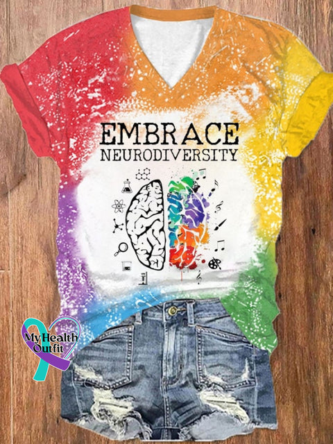 Women’s Embrace Neurodiversity Colorful Brain Adhd Autism Print V-Neck T-Shirt Yellow-Red / S